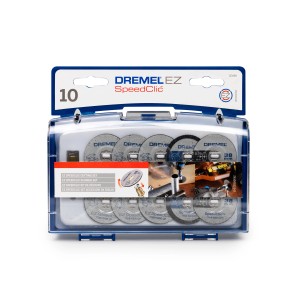 Rezacia súprava Dremel EZ SpeedClic SC690 s 10 kotúčmi a tŕňom v puzdre.