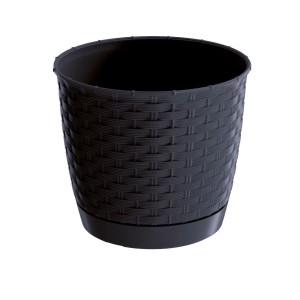 Antracitový kvetináč Prosperplast Ratolla Round 14,5 cm s ratanovým vzhľadom a miskou.