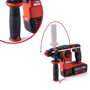 Einhell 18V Akumulátorové vŕtacie kladivo Herocco Solo v kufríku, červeno-čierne, s prídavnou rukoväťou.