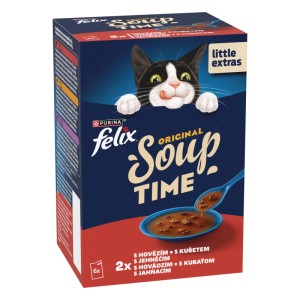 Purina Felix Soup Time mokré krmivo pre mačky, krabica 6x48g s mačkou, polievkou s kúskami a lyžicou. Rôzne príchute.