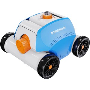 Bazénový robot Steinbach Poolrunner Battery + v modrej a bielej farbe s čiernymi kolesami.