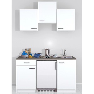Biela mini kuchynka Flex-Well Wito 150 cm s drezom, varnou doskou, chladničkou a hornými skrinkami.