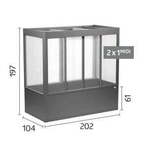 Moderný sivý skleník Florentina 2x1 midi s priehľadnými stenami, rozmery 202x104x197 cm, pracovná výška 61 cm.