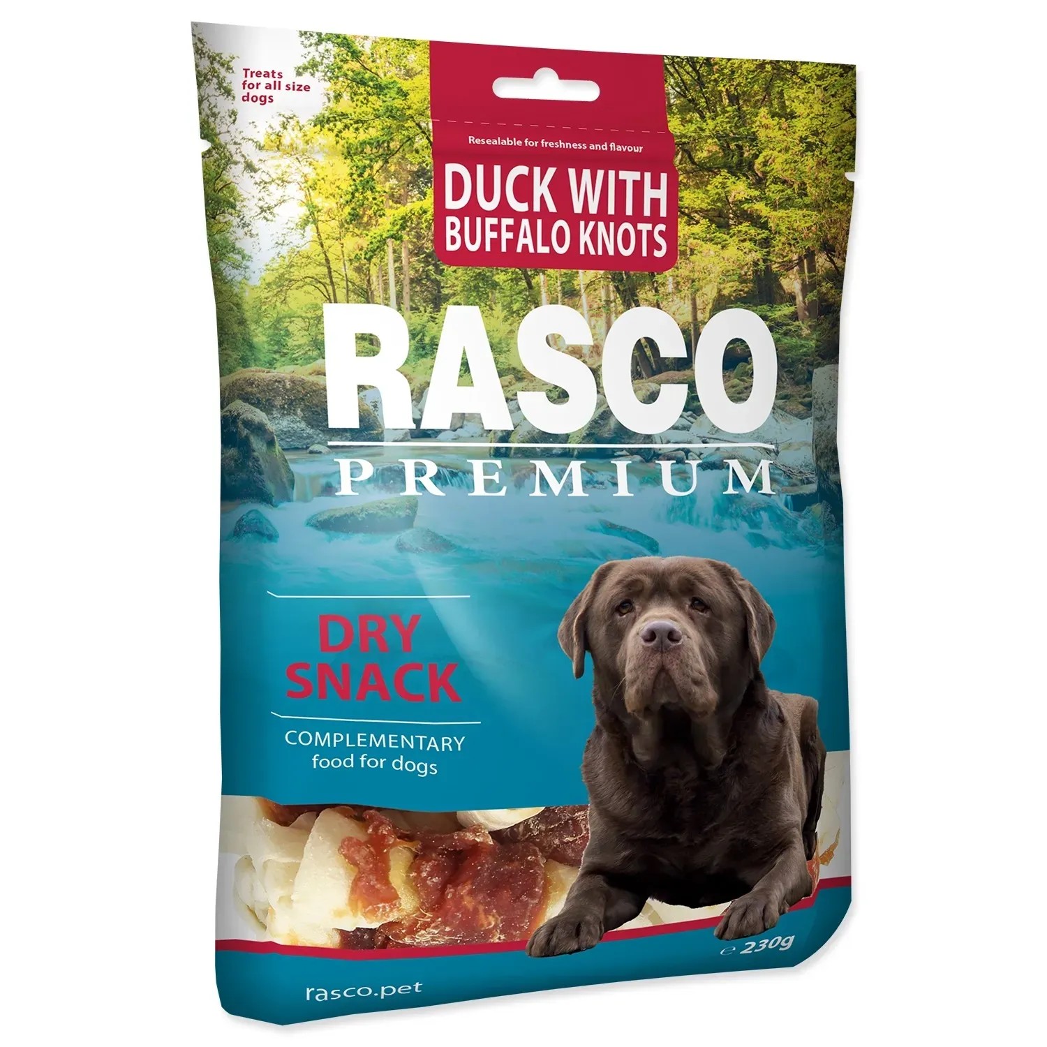 E-shop Rasco Premium Maškrta pre psov Buvolie uzly s kačacím mäsom 230 g