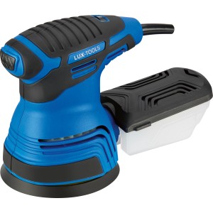 Excentrická brúska LUX E-EXS-350 modro-čierna s prachovým boxom.