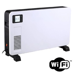 Biely elektrický ohrievač s digitálnym displejom a symbolom WiFi.
