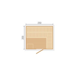 Pôdorys saunového domu Weka Kaapi 4 bez kachlí: 250x200cm, s lavicami a dverami.