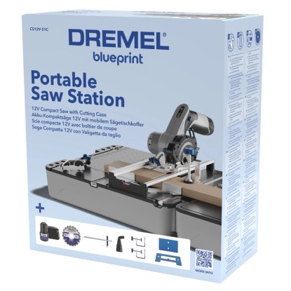 Dremel Mobile-Sägestation CS12V-S1C v krabici s príslušenstvom. Kompaktná okružná píla s kufríkom na pílový stôl.