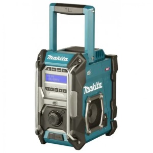 Akumulátorové staveniskové rádio Makita s rukoväťou, modro-čierne.
