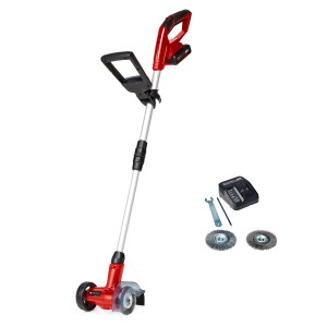 Akumulátorový čistič škár Einhell GC-CC 18 Li Kit s batériou, nabíjačkou a kefami. Záhradné ručné náradie na čistenie škár.