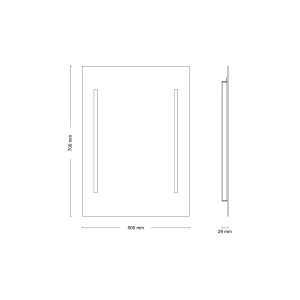 Diagram LED zrkadla Jokey Merkur, obdĺžnikové, 50x70 cm, s rozmermi.