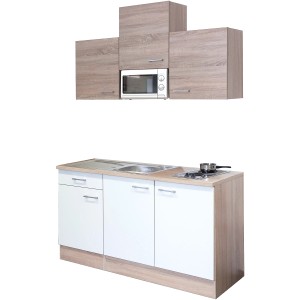 Flex-Well Single kuchyňa Florida 150 cm v dekore dub Sonoma/biela s varnou doskou, drezom a mikrovlnnou rúrou.