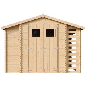 Záhradný domček Timbela z dreva s kôlňou a regálom na drevo, 5,47 m² bez podlahy.