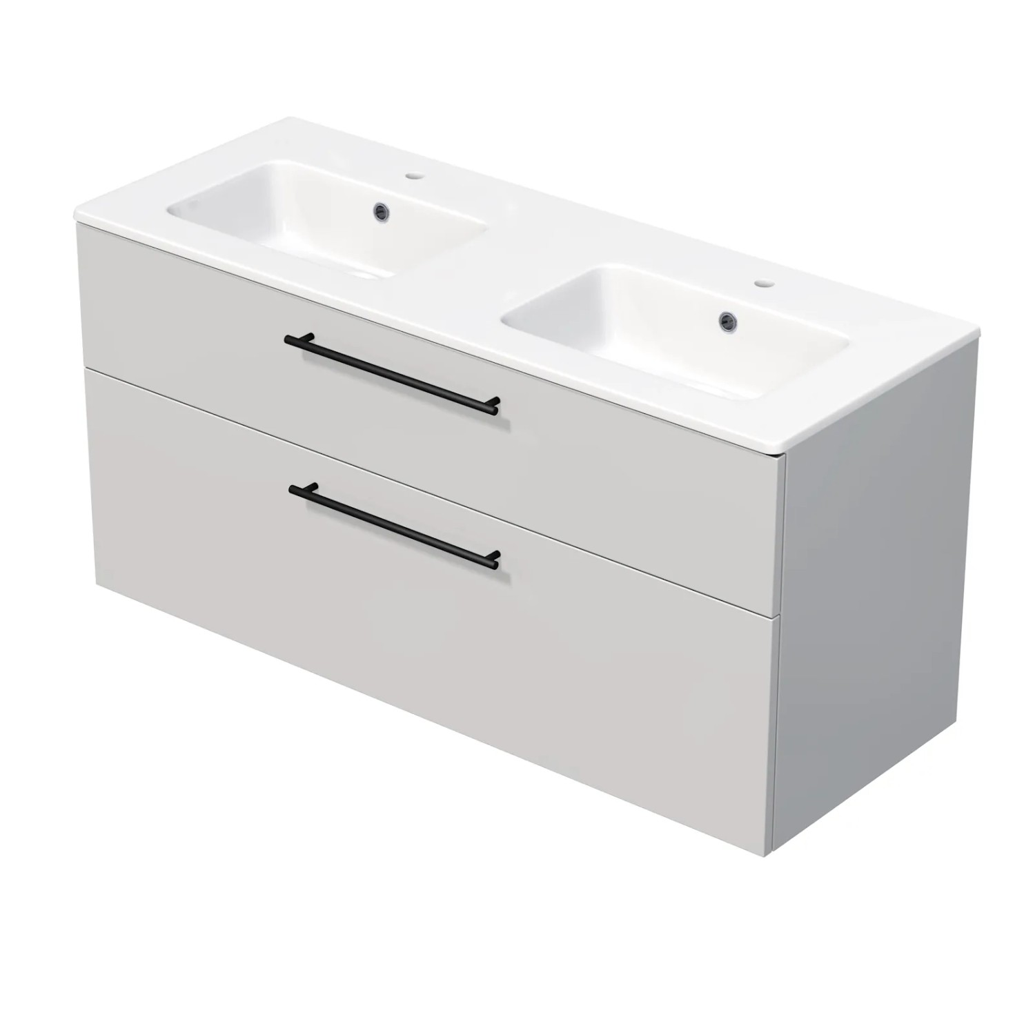 E-shop INTEDOOR Kúpeľ.skriňa+dvojumývadlo BEE, úchyt čierny, š. 121 cm, biela lesk