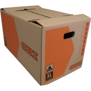 Sťahovacia krabica OBI XL, 126 l, do 45 kg, s držadlami a popisovacími poliami.