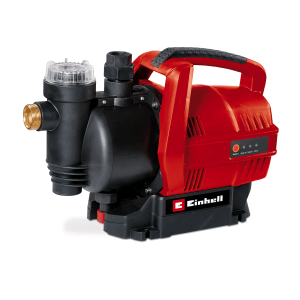 Einhell GC-AW 6033 domáca vodáreň, červené záhradné čerpadlo s čiernym filtrom a držadlom.