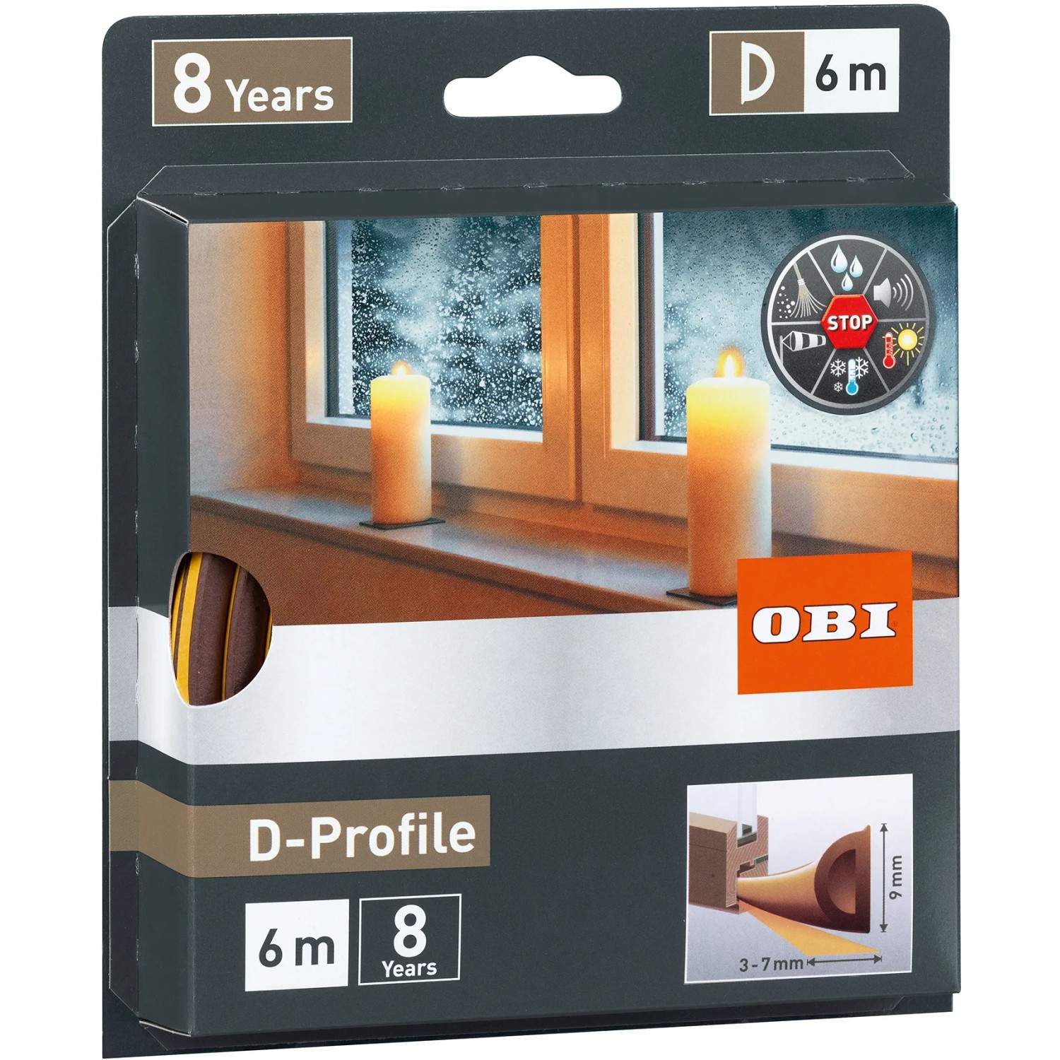 E-shop OBI Gumové tesnenie okien a dverí D-profil, hnedá, 6 m x 9 mm x 8 mm