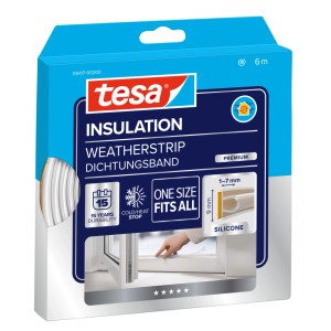 tesa Insulation Premium silikónové tesnenie, transparentné, 6 m. Balenie ukazuje tesnenie pre okná a dvere, medzery 1-7mm.
