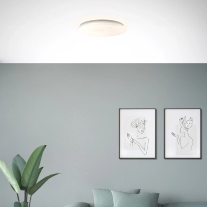 Biele LED stropné svietidlo Tribola, Ø 48,5 cm, stmievateľné s diaľkovým ovládaním. Moderná lampa do obývacej izby a kancelárie.