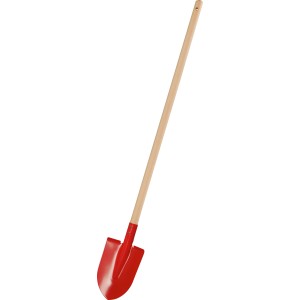 Červená detská špicatá lopata s drevenou rukoväťou (90 cm) do záhrady.