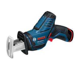 Akumulátorová chvostová píla Bosch Professional GSA 12 V-14 Solo, modro-čierna, s pílovým listom. Kompaktná akumulátorová píla na drevo a kov.