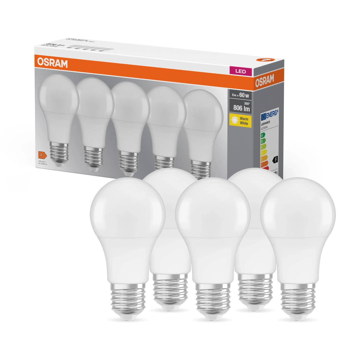 E-shop OSRAM LED žiarovka Base Classic A60, E27, 8,5 W, 806 lm, 2700 K, opálová, 5 ks