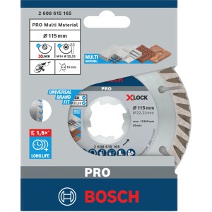Bosch X-Lock diamantový rezný kotúč 115 mm pre uhlové brúsky. Strieborný segmentový kotúč na stavebné materiály.