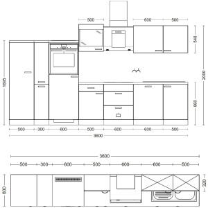 Nákres kuchynskej linky Flex-Well Valero, 360 cm, v bielom lesku a dube Sonoma, s rozmermi.