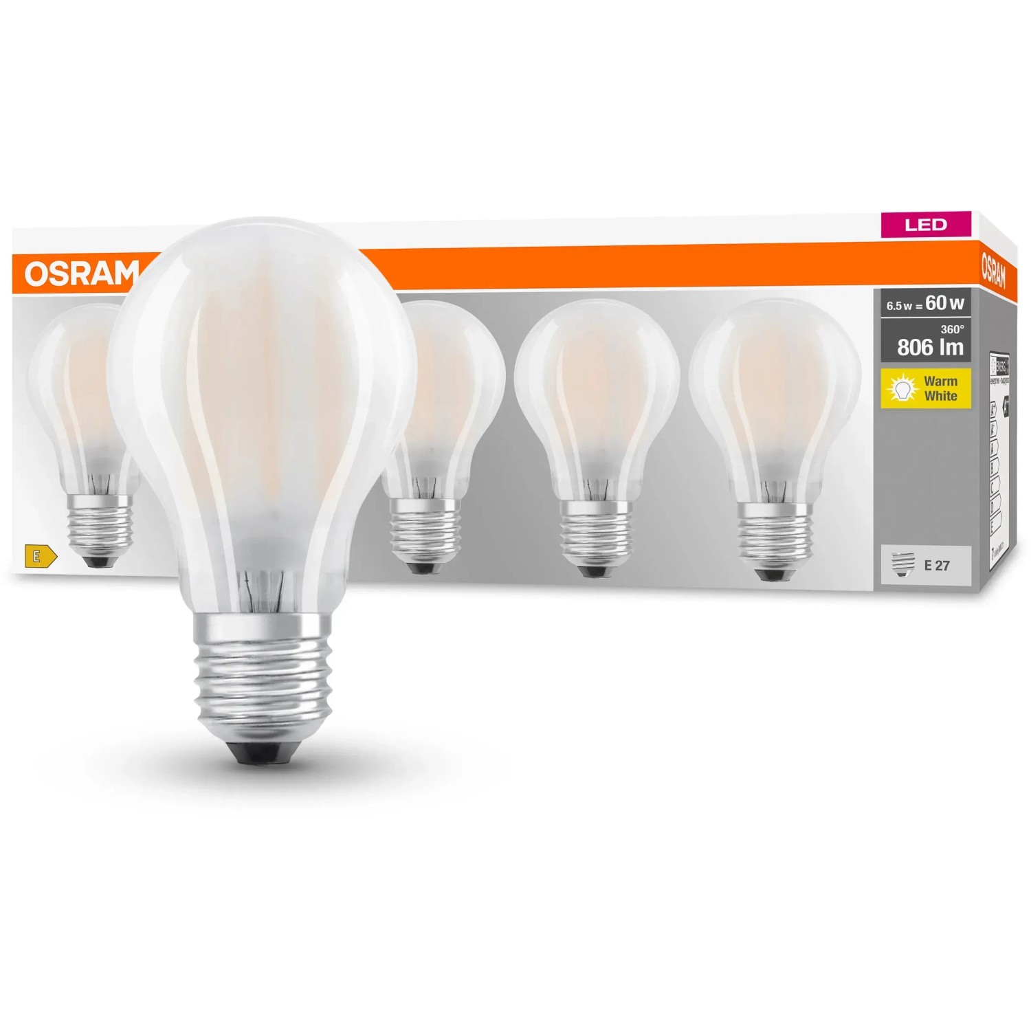 E-shop OSRAM LED žiarovka Base Classic A60 Filament Frosted E27 6,5 W 806 lm 2700K, 5ks
