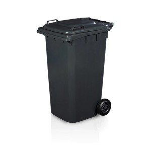 Sivá smetná nádoba s vekom a kolieskami pre jednoduché odstraňovanie odpadu.