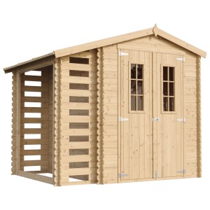 Drevený záhradný domček Timbela s regálom na drevo, 4,5 m², s podlahou. Neošetrené drevo s dvojkrídlovými dverami a dvoma oknami.