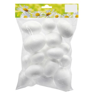 Balenie 20 bielych polystyrénových vajíčok (7 cm) na veľkonočné dekorácie.