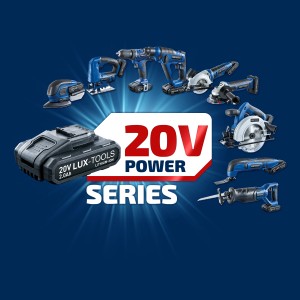 LUX Li-Ion batéria 20V/2Ah s náradím rady 20V Power v pozadí.