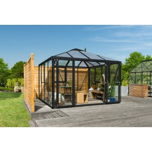 Skleník Vitavia Fortuna Jack Roof, čierny rám, zasklenie ESG/HKP, s dvojkrídlovými dverami.