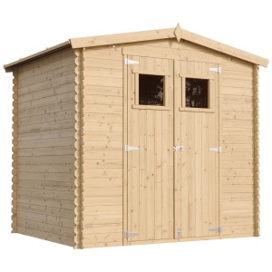 Drevený záhradný domček Timbela M369+M369G, 4,33 m² s dvojkrídlovými dverami a dvoma oknami.