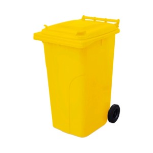 Žltá smetná nádoba s vekom a kolieskami.