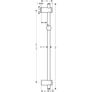 Technický nákres: Sprchová tyč Hansgrohe Unica Reno 72 cm, chróm, s rozmermi.