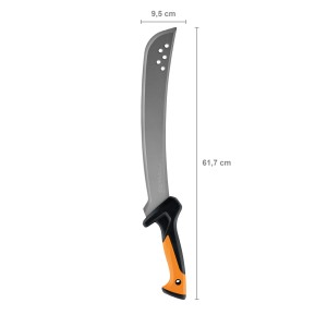 Svetlá mačeta s oranžovo-čiernou rukoväťou, dĺžka 61,7 cm, šírka čepele 9,5 cm.