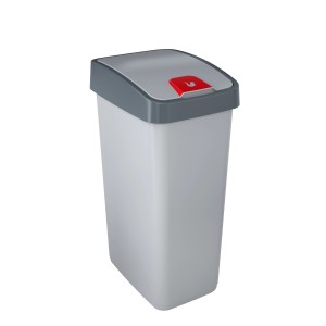 Sivý odpadkový kôš s vekom a červeným tlačidlom.