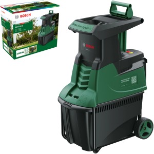 Tichý drvič Bosch AXT 25 D so zberným boxom a frézovacím valcom na drvenie záhradného odpadu.