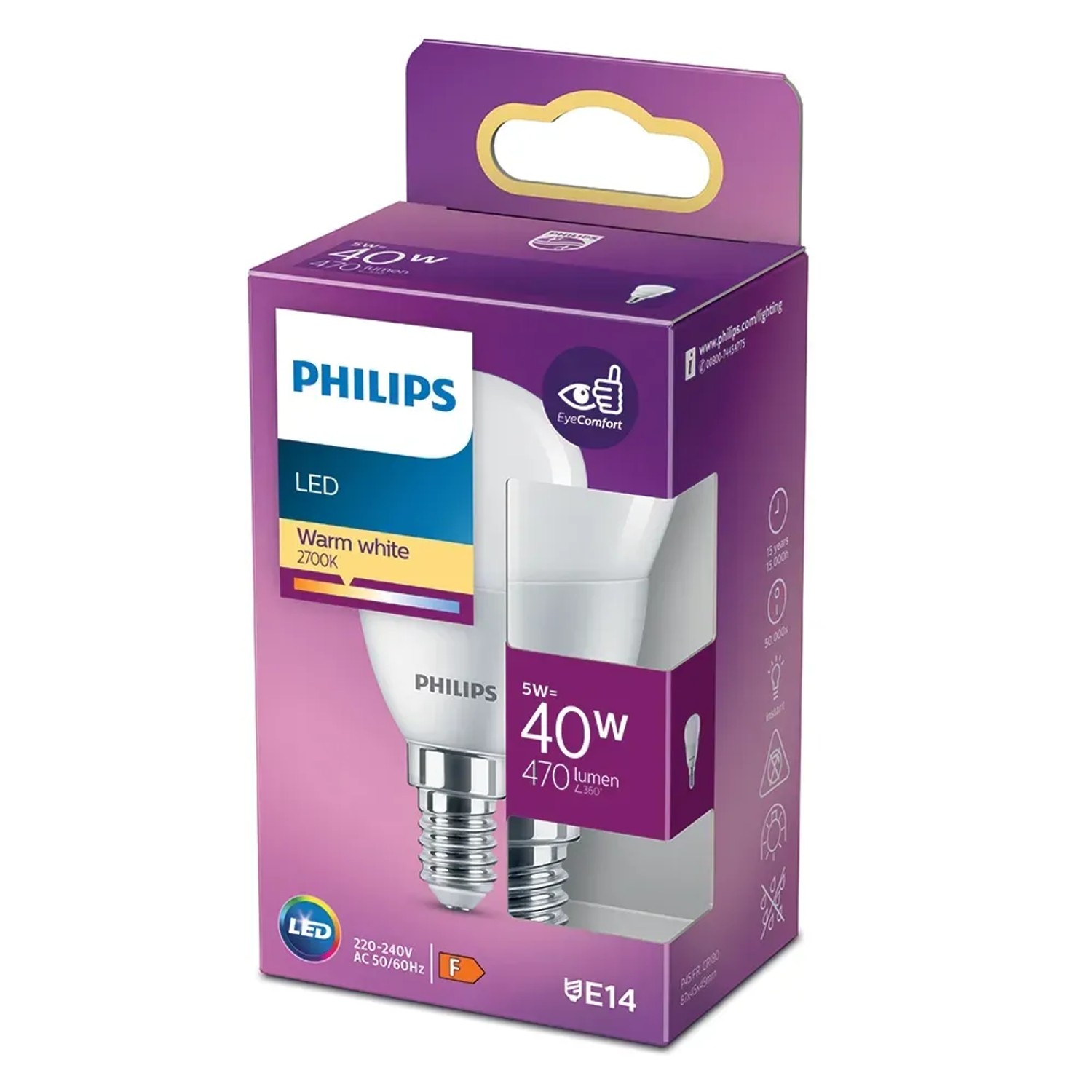 E-shop Philips Classic LED žiarovka E14, 5 W, 470 lm, 2700 K, tvar kvapky