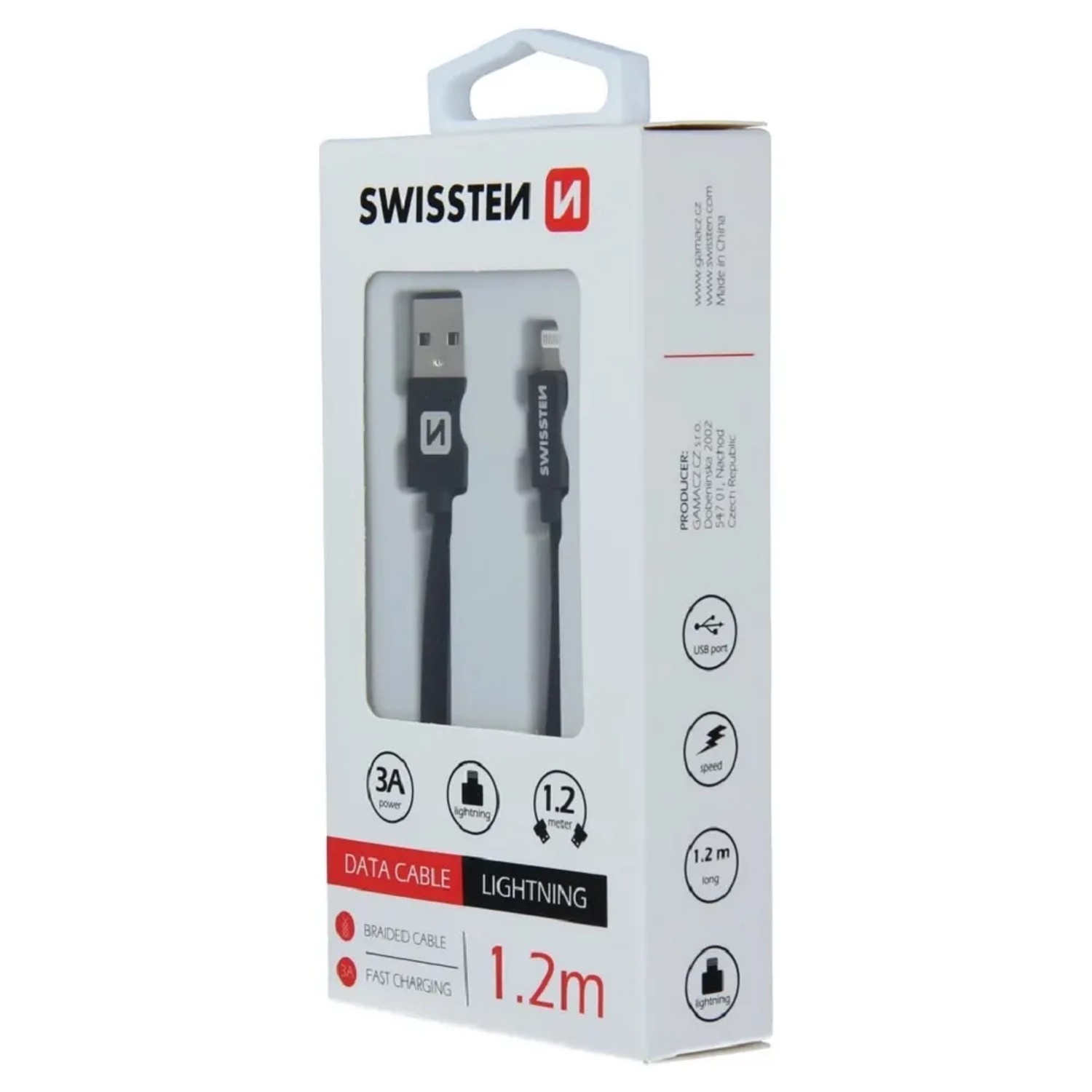 E-shop SWISSTEN TEXTILE Dátový kábel, USB-A / LIGHTNING, 1,2 m, čierny