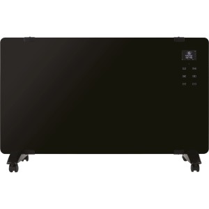 Čierny sklenený panelový ohrievač 2 000 W s dotykovým panelom a kolieskami, vhodný na montáž na stenu alebo postavenie.