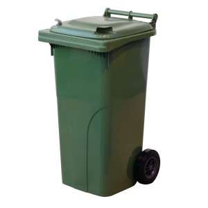 Zelený odpadkový kôš s vekom a kolieskami.