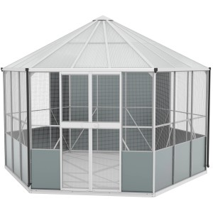 Vitavia Circus 9000 hliníková voliéra, veľký osemuholníkový záhradný domček so stanovou strechou.