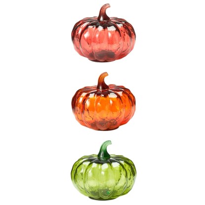 Tri dekoratívne sklenené tekvicové lampy v červenej, oranžovej a zelenej s LED osvetlením na jeseň a Halloween.