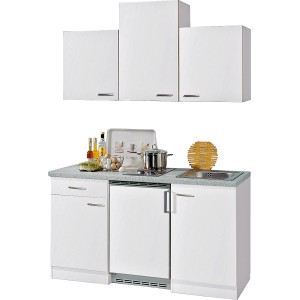 Flex-Well Kuchynská linka Wito, 150 cm, biela: Mini kuchynka s drezom, varnou doskou a závesnými skrinkami.