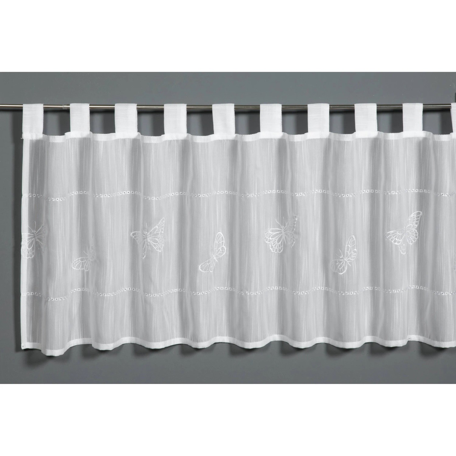 E-shop Sehlbach Vitrážová záclona s pútkami, výšivka motýľa, biela 140 x 48 cm