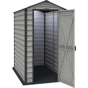 Duramax EverMore plastový záhradný domček, 2 m², antracit, s otvorenými dverami.