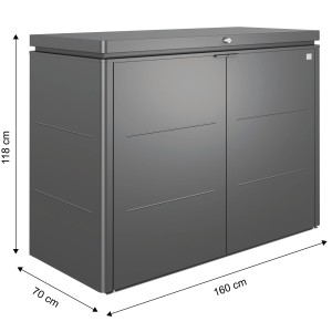 Biohort HighBoard 160 záhradný box, tmavosivá metalíza, s rozmermi. Ideálny univerzálny box na záhradné náradie.